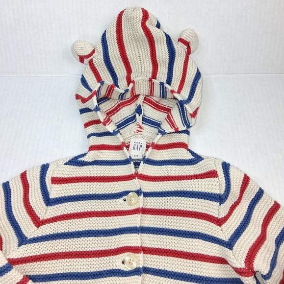 Baby Gap Multicolor Striped Teddy Bear Hooded 100% Cotton Button Up Sweater - Picture 2 of 3
